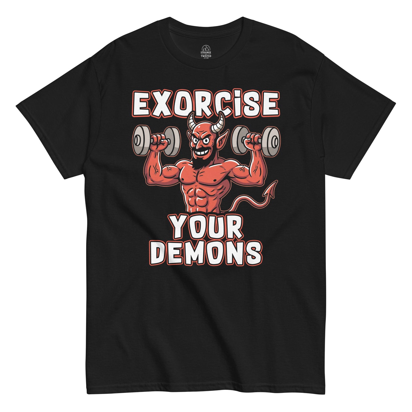 Black t-shirt with a graphic of a muscular devil lifting weights and text 'Exorcise Your Demons' on a white background.