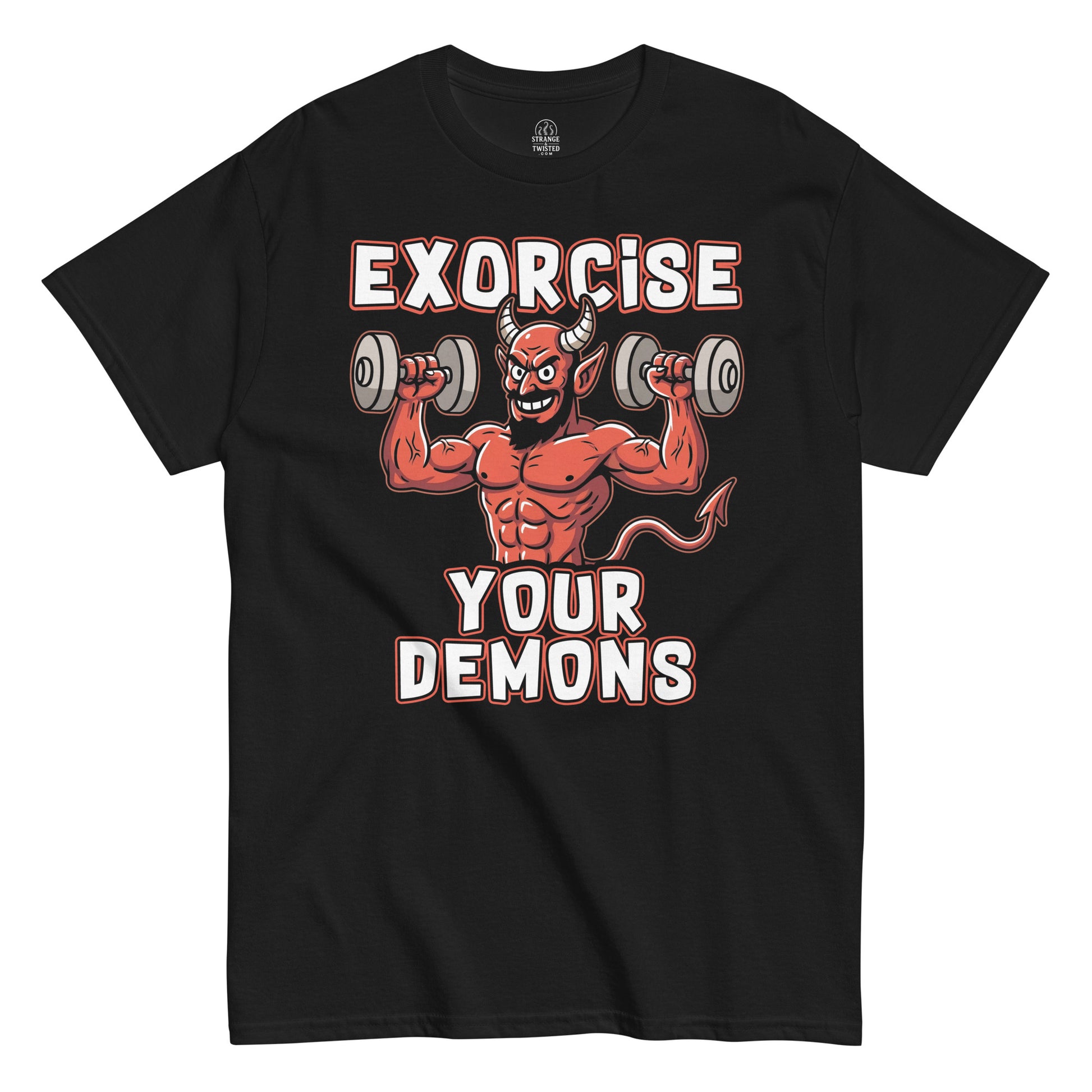 Black t-shirt with a graphic of a muscular devil lifting weights and text 'Exorcise Your Demons' on a white background.