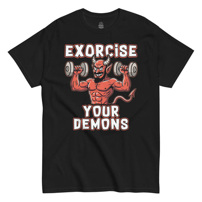 Black t-shirt with a graphic of a muscular devil lifting weights and text 'Exorcise Your Demons' on a white background.