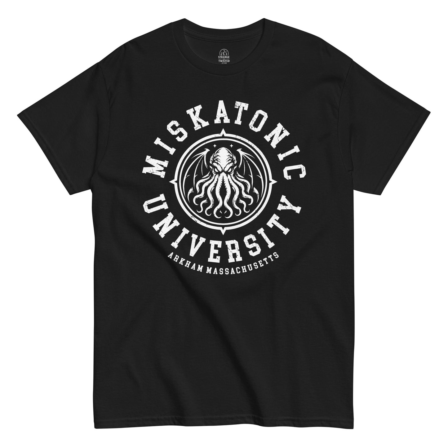 Miskatonic University Cthulhu horror T-shirt front view with distressed varsity cosmic horror emblem on black fabric