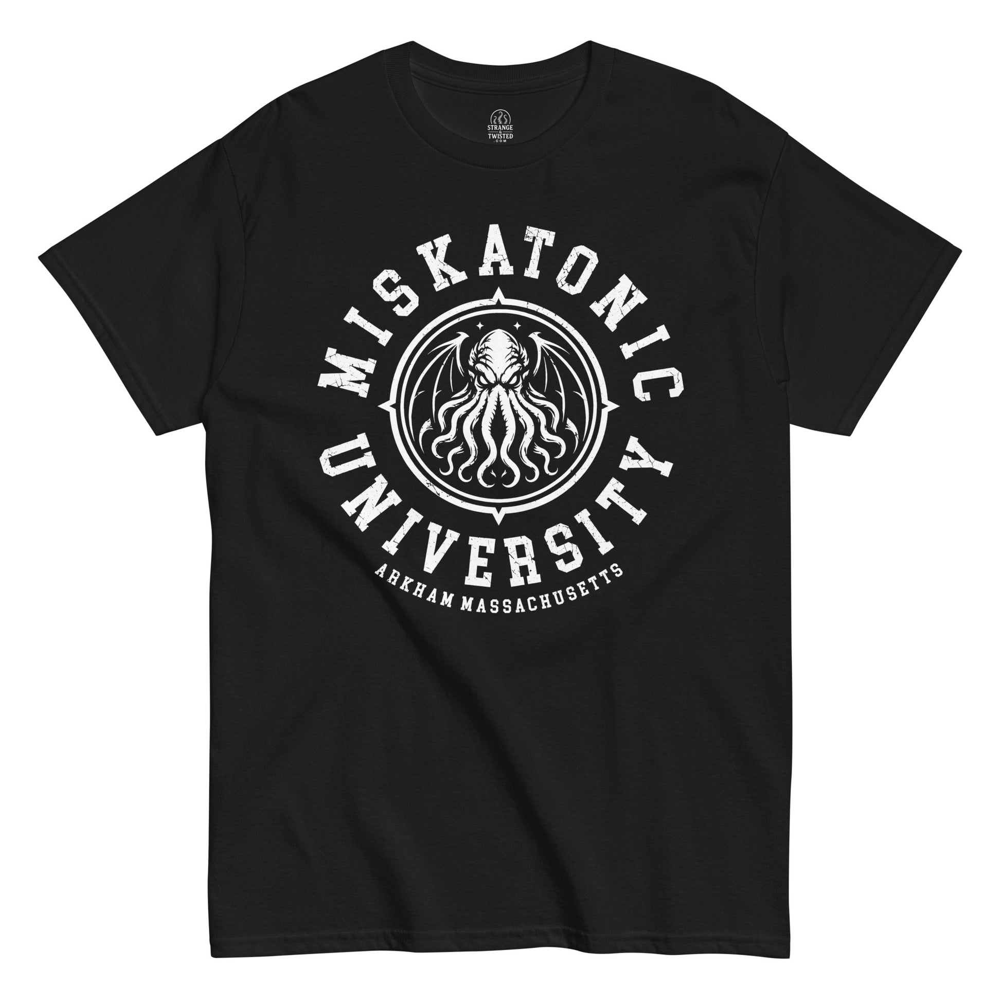 Miskatonic University Cthulhu horror T-shirt front view with distressed varsity cosmic horror emblem on black fabric
