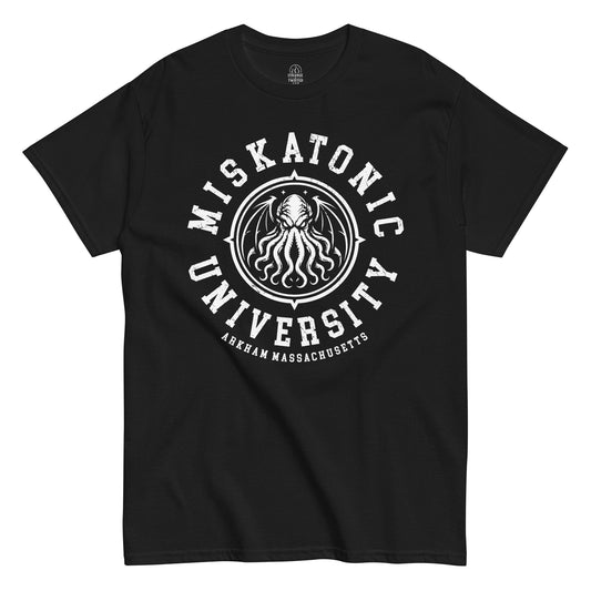 Miskatonic University Cthulhu horror T-shirt front view with distressed varsity cosmic horror emblem on black fabric