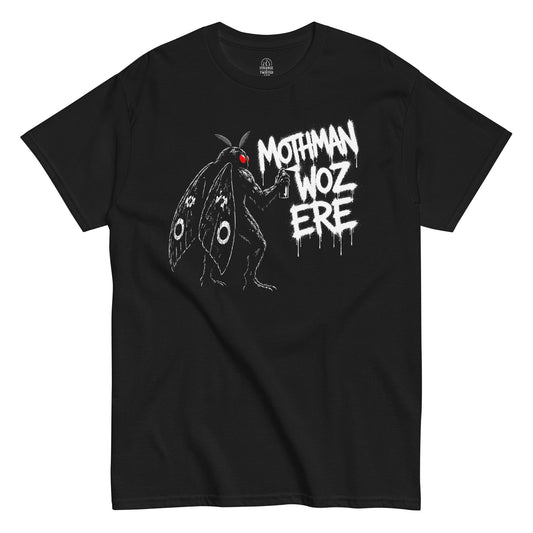 Mothman Woz Ere graffiti horror T-shirt front view with red eyed cryptid spray paint artwork on black fabric