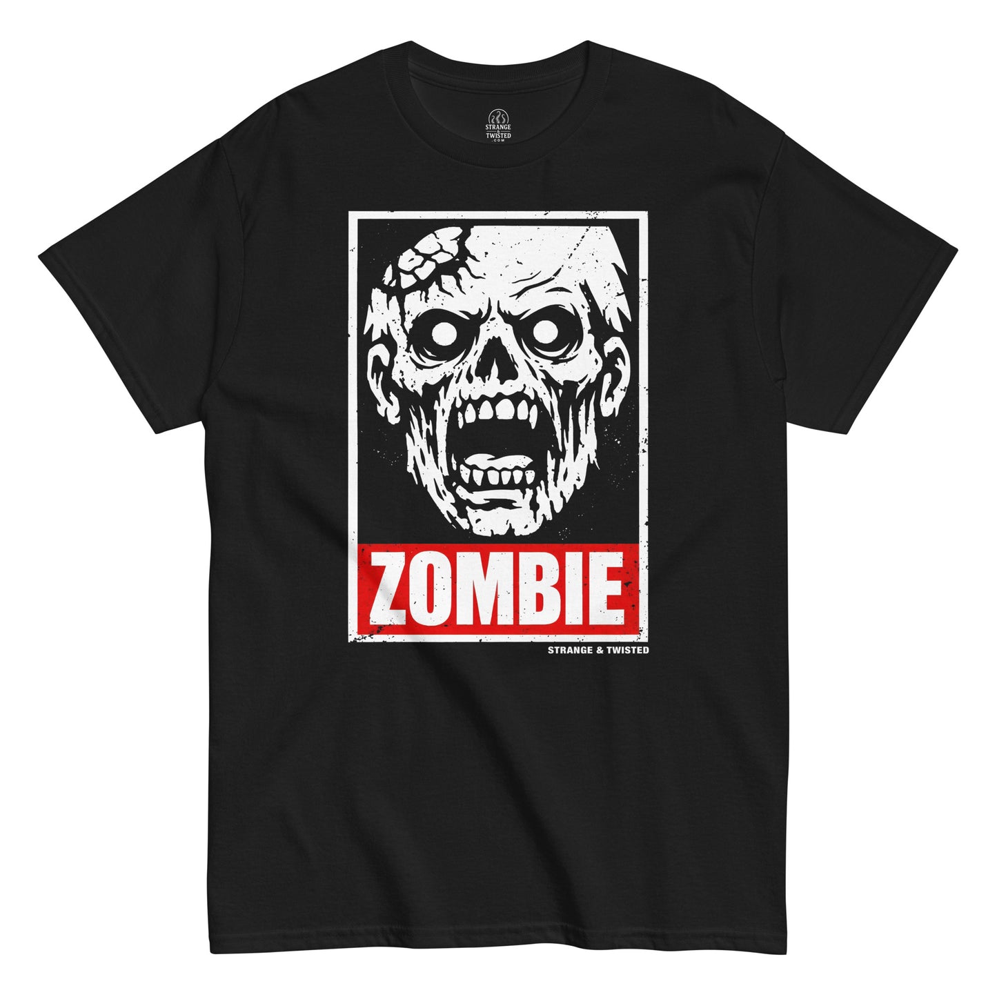 Zombie horror apocalypse T-shirt front view with undead face graphic and red zombie text on black fabric