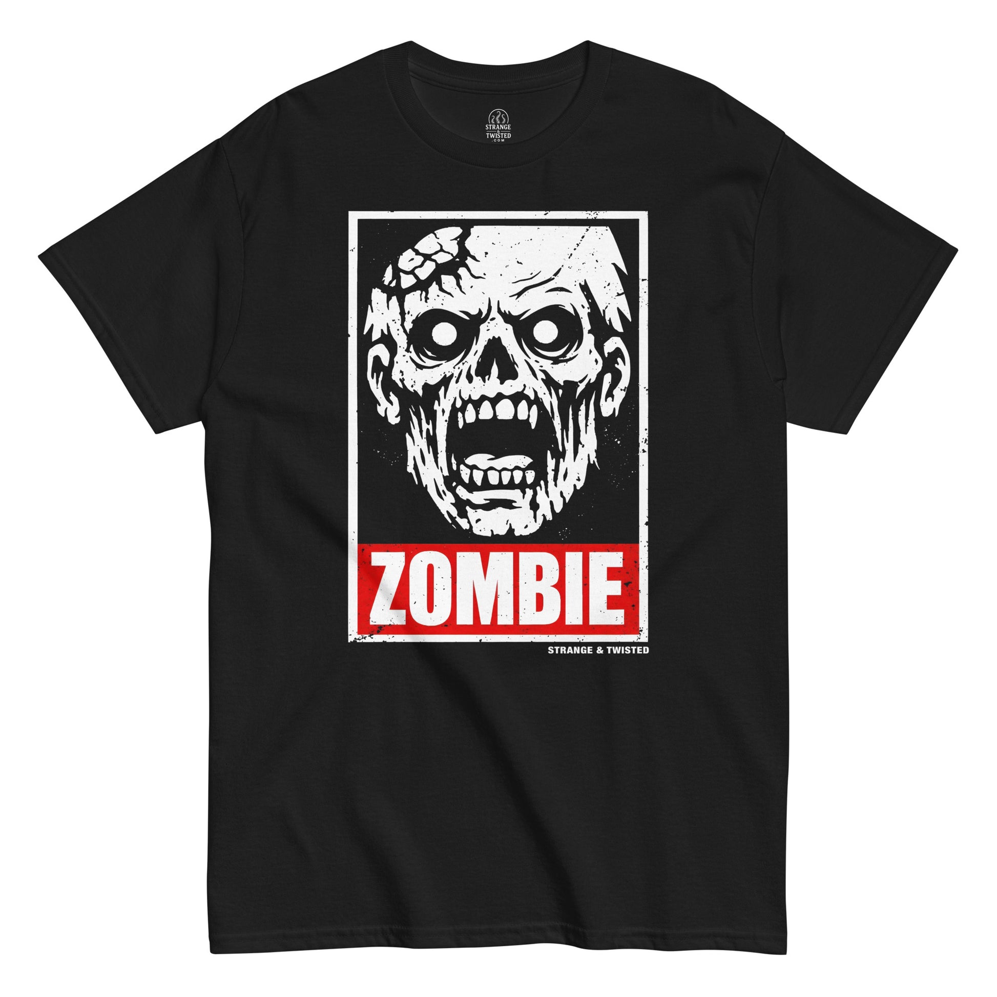 Zombie horror apocalypse T-shirt front view with undead face graphic and red zombie text on black fabric
