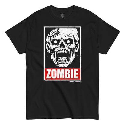 Zombie horror apocalypse T-shirt front view with undead face graphic and red zombie text on black fabric
