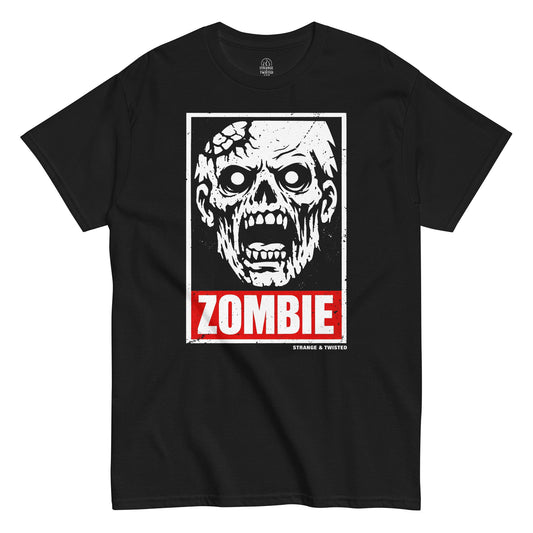 Zombie horror apocalypse T-shirt front view with undead face graphic and red zombie text on black fabric