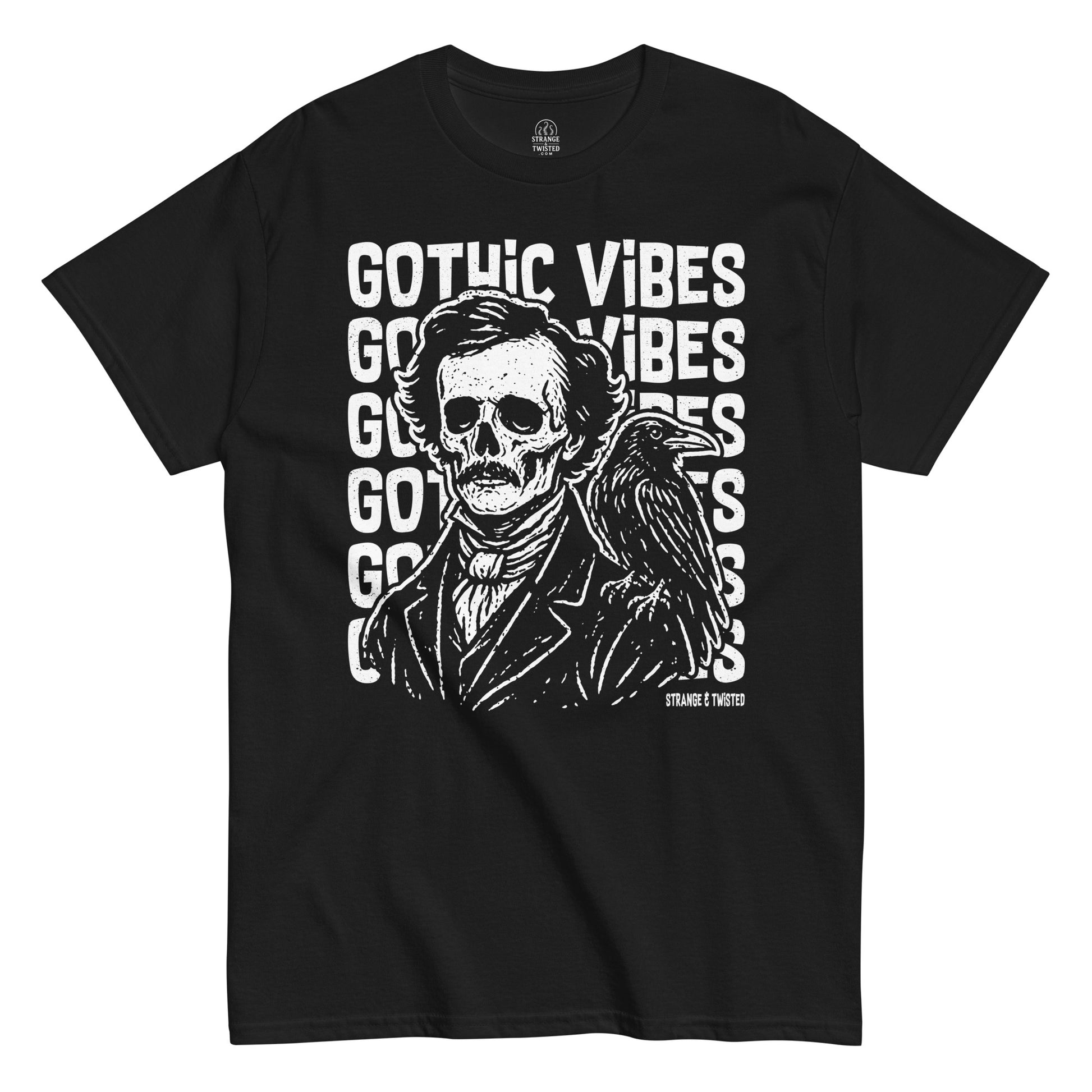 Edgar Allan Poe Gothic Vibes T-shirt front view featuring skeletal Poe portrait and raven artwork on black fabric