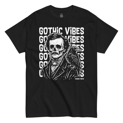 Edgar Allan Poe Gothic Vibes T-shirt front view featuring skeletal Poe portrait and raven artwork on black fabric
