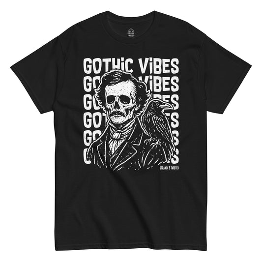 Edgar Allan Poe Gothic Vibes T-shirt front view featuring skeletal Poe portrait and raven artwork on black fabric
