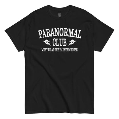 Paranormal Club Ghost Hunter T-shirt front view with ghost graphics and haunted house slogan on black fabric