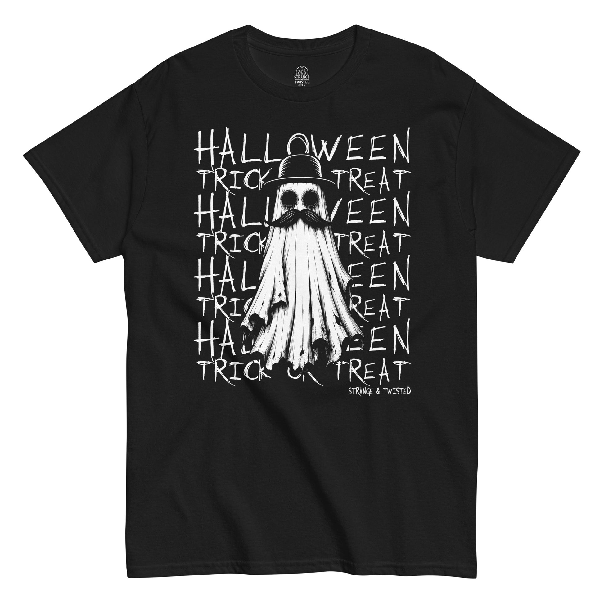 Halloween Trick Or Treat ghost T-shirt featuring a vintage ghost with bowler hat and moustache on black background