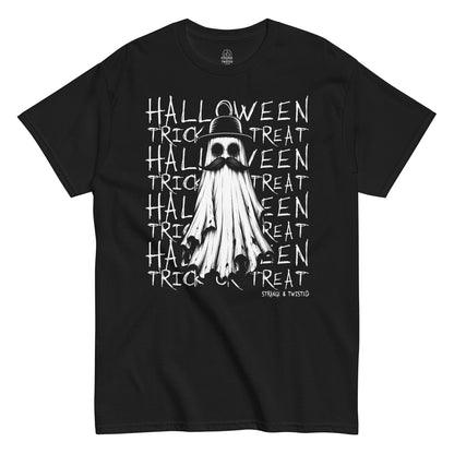 Halloween Trick Or Treat ghost T-shirt featuring a vintage ghost with bowler hat and moustache on black background