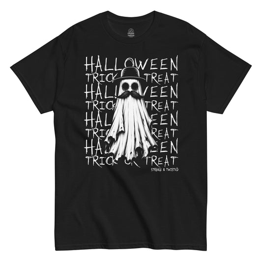 Halloween Trick Or Treat ghost T-shirt featuring a vintage ghost with bowler hat and moustache on black background