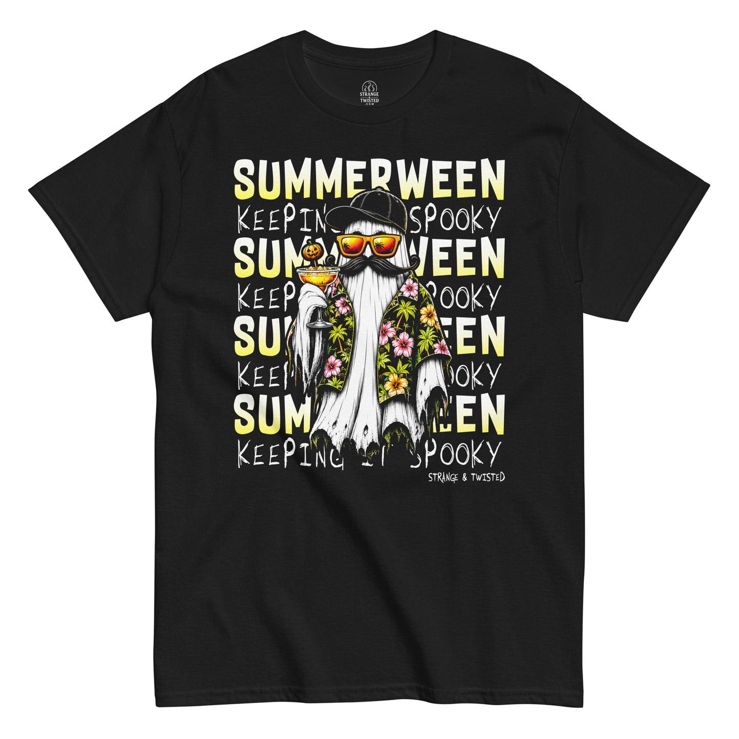 Summerween Keeping It Spooky ghost T-shirt featuring a tropical ghost wearing sunglasses and Hawaiian shirt holding a pumpkin cocktail on black background