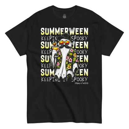Summerween Keeping It Spooky ghost T-shirt featuring a tropical ghost wearing sunglasses and Hawaiian shirt holding a pumpkin cocktail on black background
