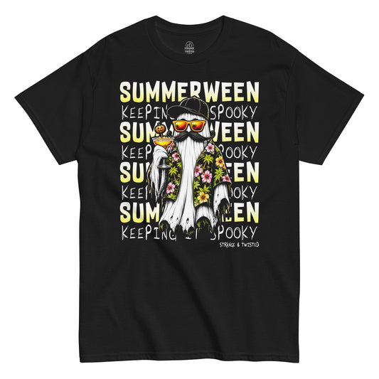 Summerween Keeping It Spooky ghost T-shirt featuring a tropical ghost wearing sunglasses and Hawaiian shirt holding a pumpkin cocktail on black background