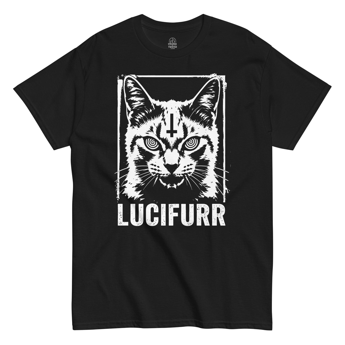 Black satanic cat t shirt with white woodcut occult style Lucifurr design and inverted cross