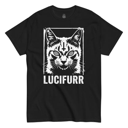 Black satanic cat t shirt with white woodcut occult style Lucifurr design and inverted cross