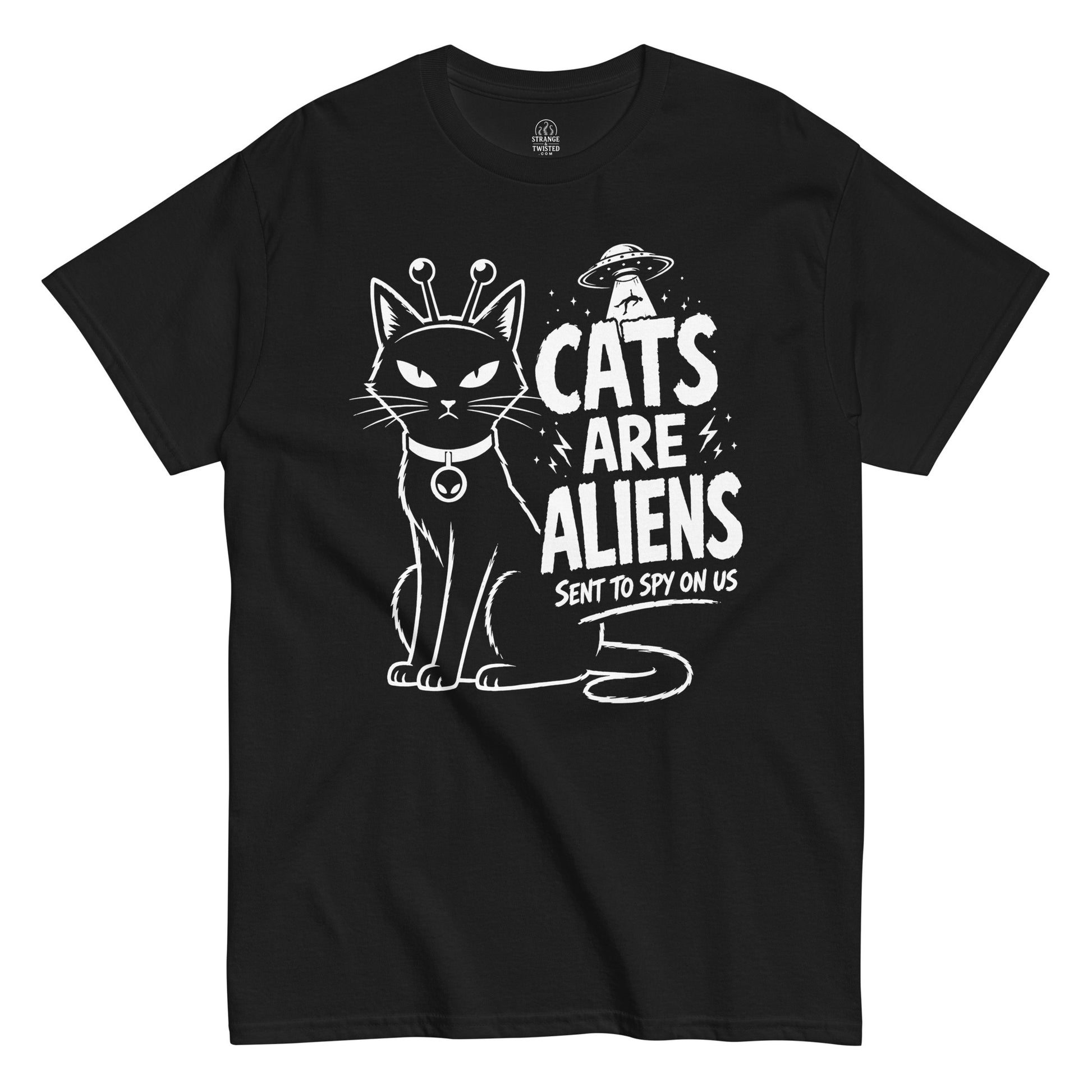 Black cats are aliens t shirt with alien antennae cat and UFO abduction print