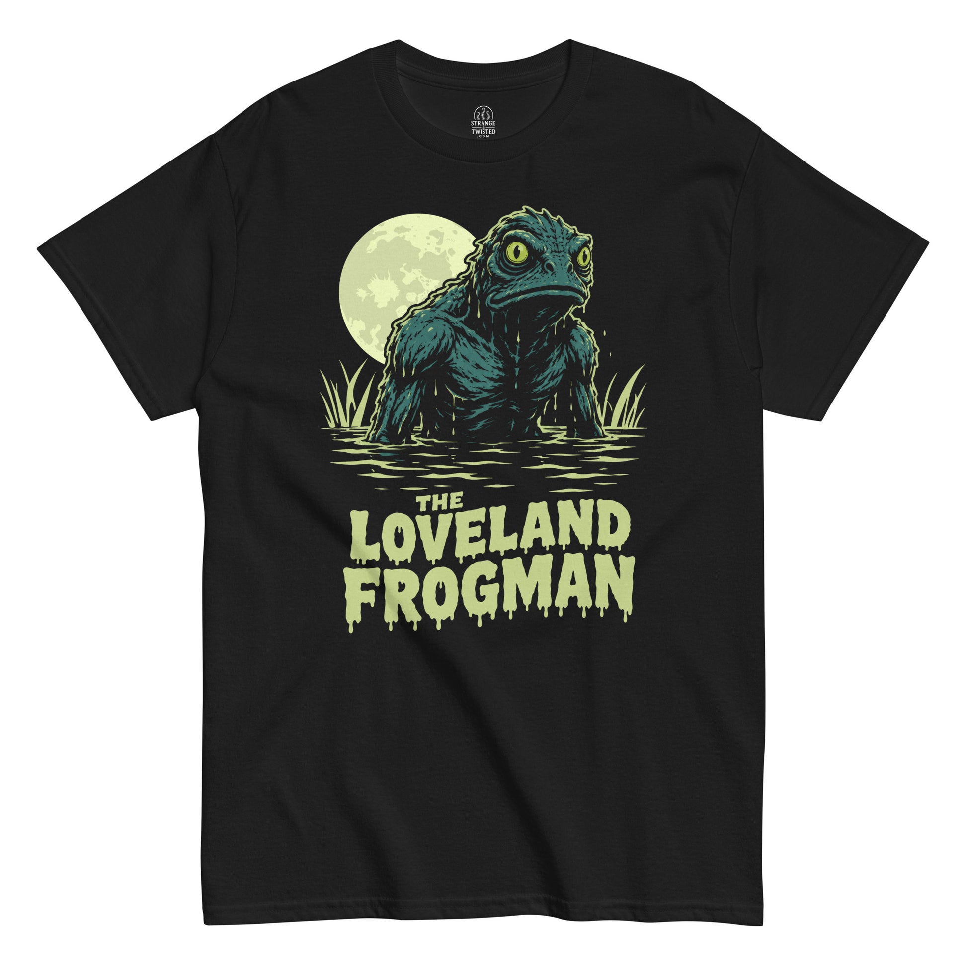 Black Loveland Frogman t shirt with Ohio cryptid rising from swamp water under a full moon