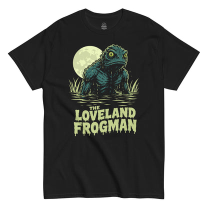 Black Loveland Frogman t shirt with Ohio cryptid rising from swamp water under a full moon