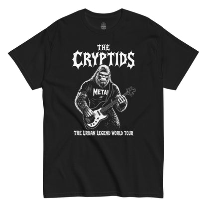 Black bigfoot metal band t shirt with a sasquatch playing bass guitar and tour lettering