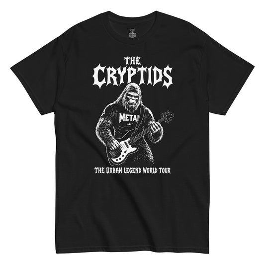 Black bigfoot metal band t shirt with a sasquatch playing bass guitar and tour lettering