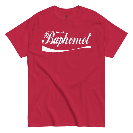 Strange & Twisted red T-shirt with Worship Baphomet parody logo design in gothic script style