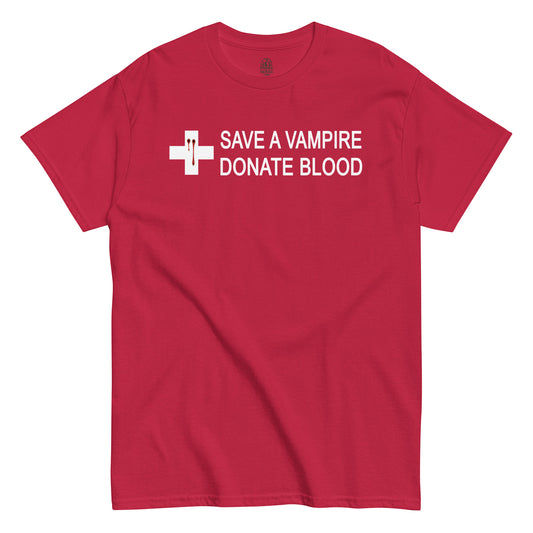 Save a Vampire Donate Blood horror parody shirt – Strange & Twisted