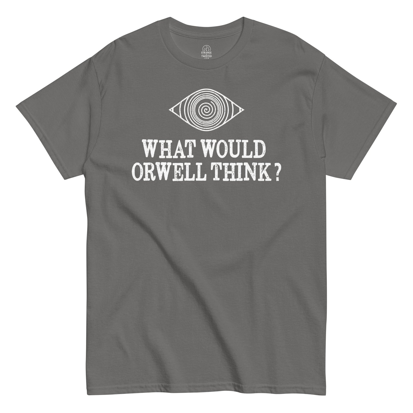 Front view grey Orwell T-shirt Orwellian conspiracy-themed design
