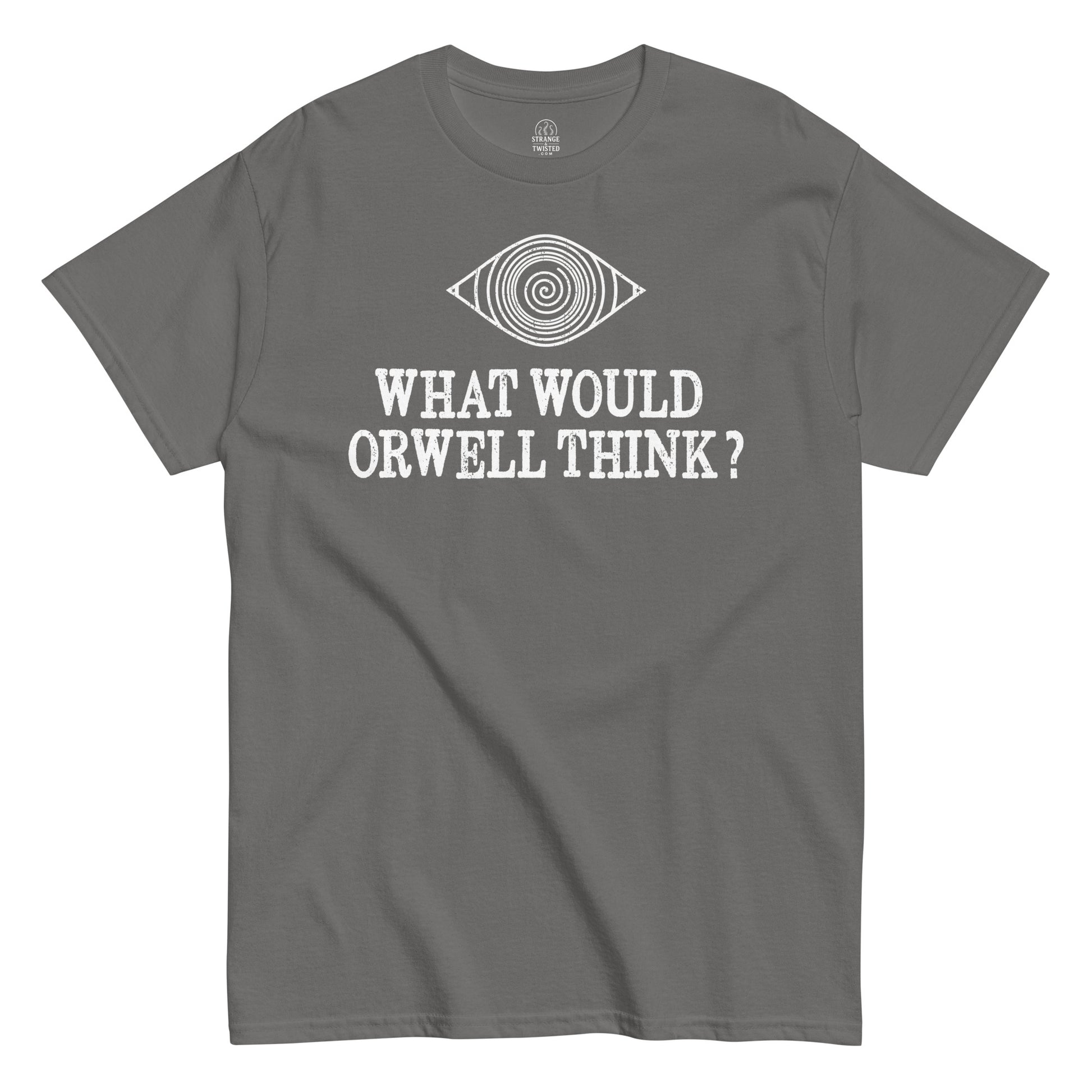 Front view grey Orwell T-shirt Orwellian conspiracy-themed design