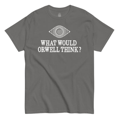 Front view grey Orwell T-shirt Orwellian conspiracy-themed design
