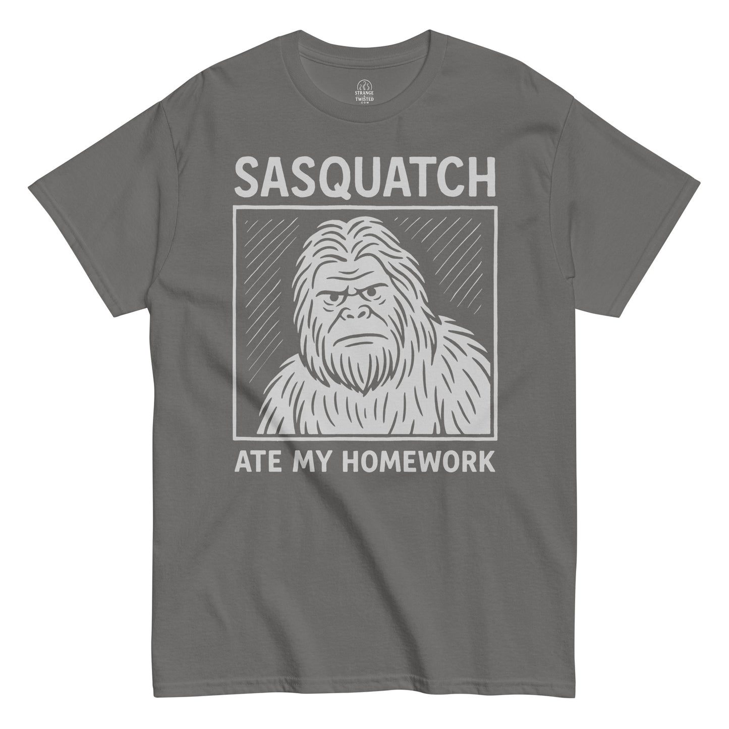 Grey Sasquatch Ate My Homework T-shirt with funny Bigfoot art, cryptidcore fashion by Strange and Twisted Apparel