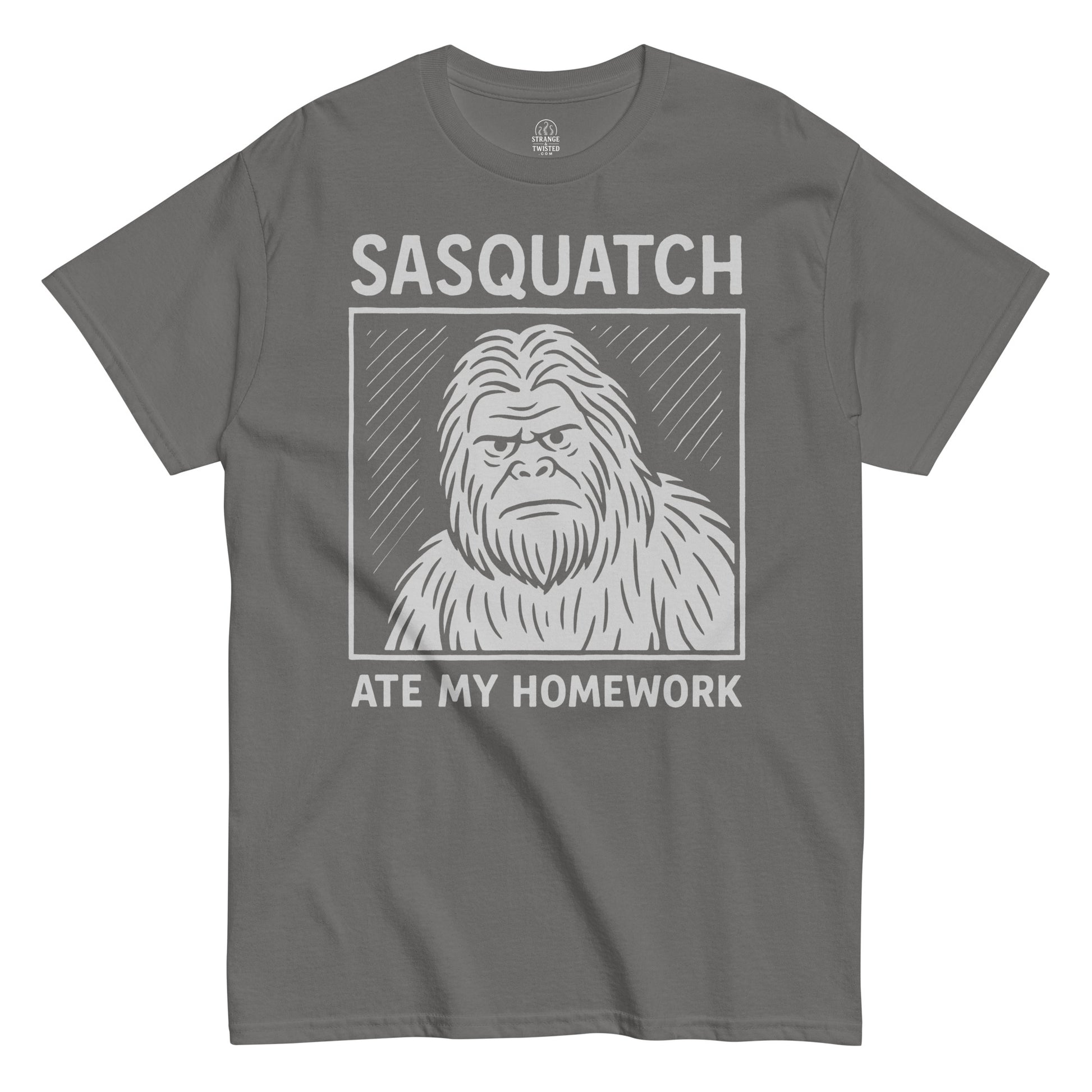 Grey Sasquatch Ate My Homework T-shirt with funny Bigfoot art, cryptidcore fashion by Strange and Twisted Apparel