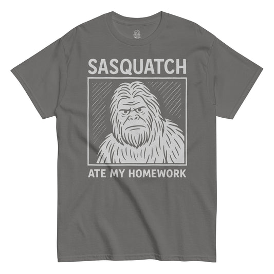 Grey Sasquatch Ate My Homework T-shirt with funny Bigfoot art, cryptidcore fashion by Strange and Twisted Apparel