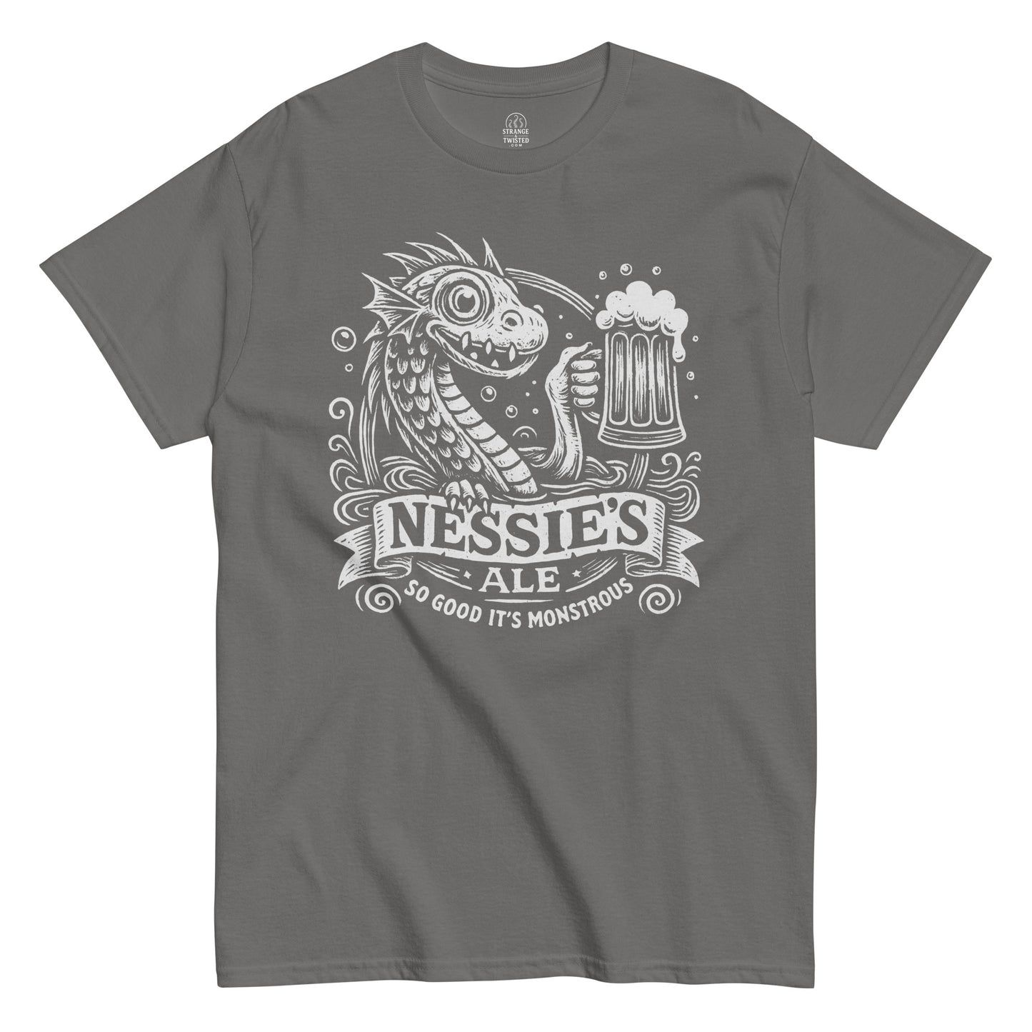 Nessie’s Ale T-shirt showing white Loch Ness Monster and pint artwork on charcoal grey fabric.