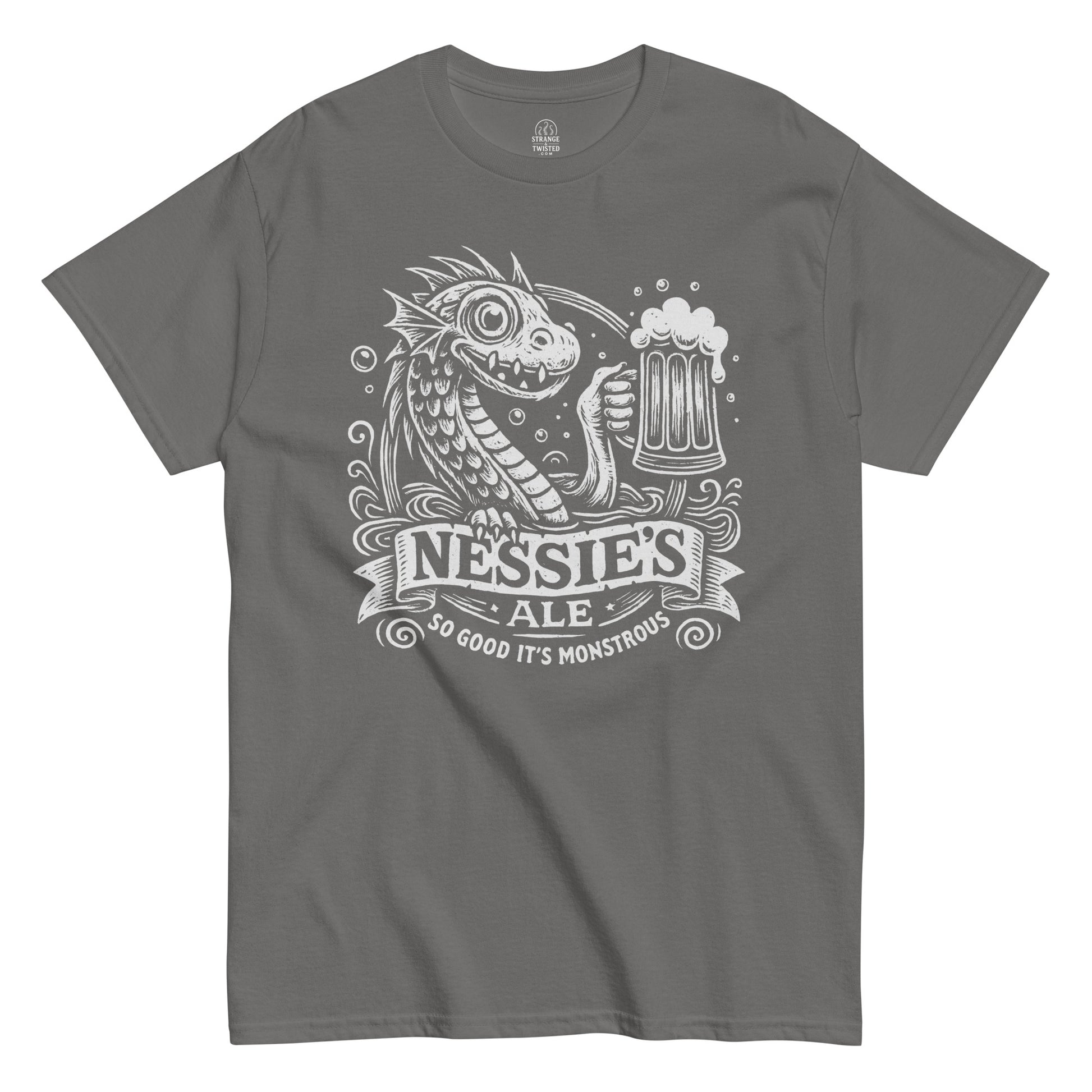 Nessie’s Ale T-shirt showing white Loch Ness Monster and pint artwork on charcoal grey fabric.