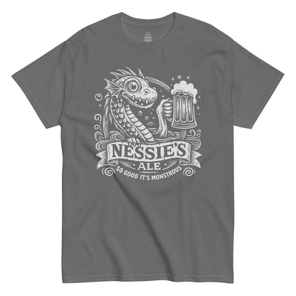 Nessie’s Ale T-shirt showing white Loch Ness Monster and pint artwork on charcoal grey fabric.