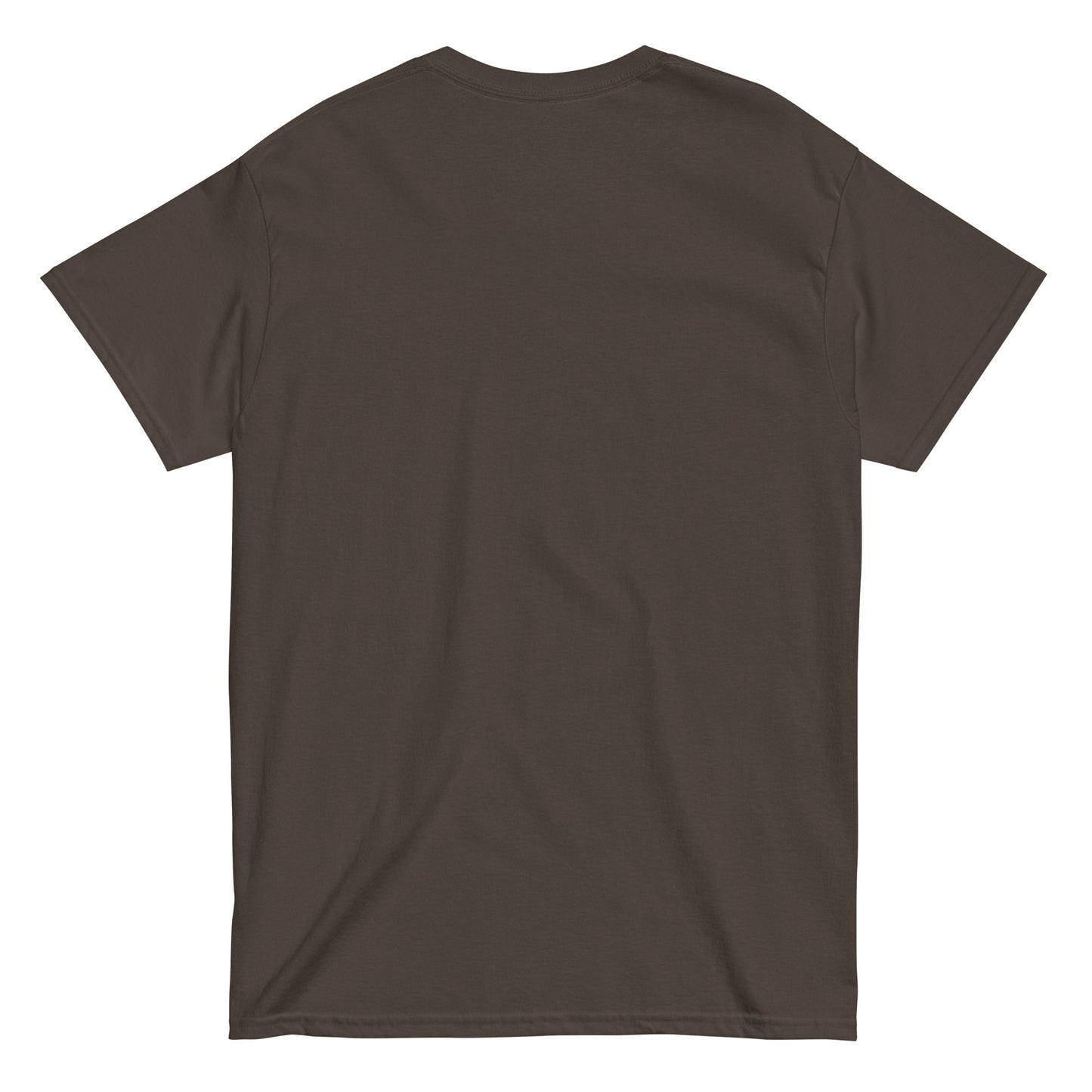 Plain dark brown T-shirt showing back view of Sasquatch print.