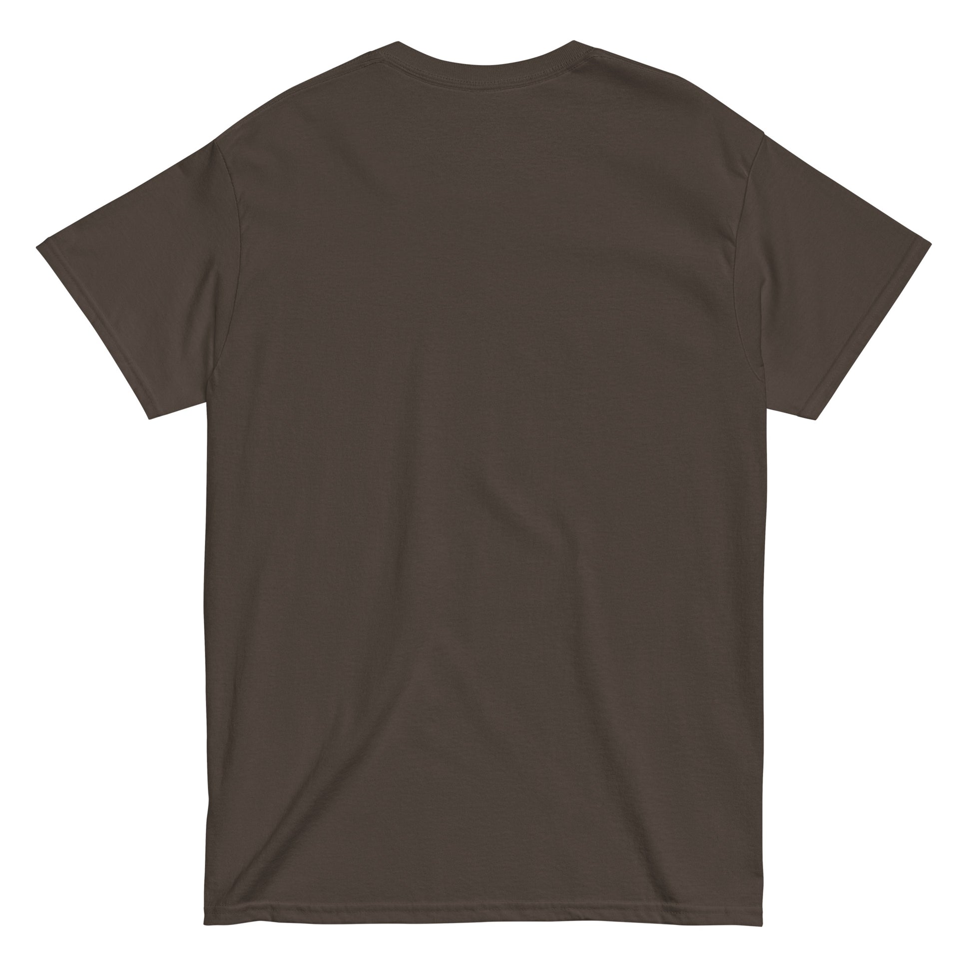 Plain dark brown T-shirt showing back view of Sasquatch print.