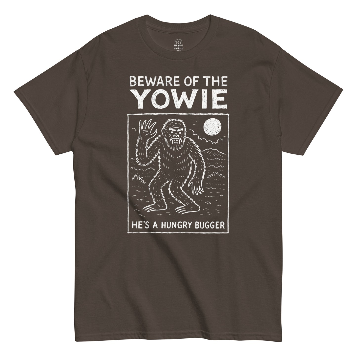 Beware of the Yowie T-shirt featuring white cryptid artwork and full moon design on brown fabric.