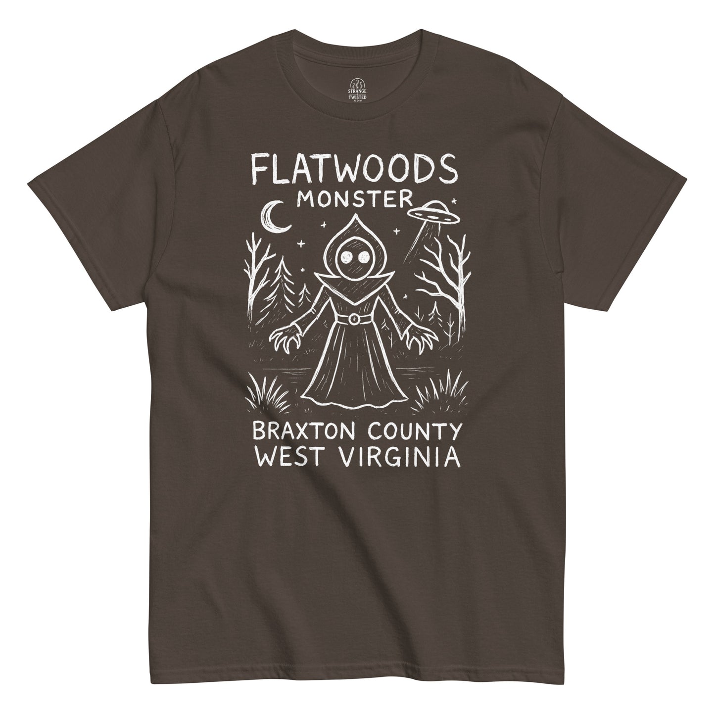 Flatwoods Monster cryptid T-shirt featuring eerie forest UFO scene on brown fabric.