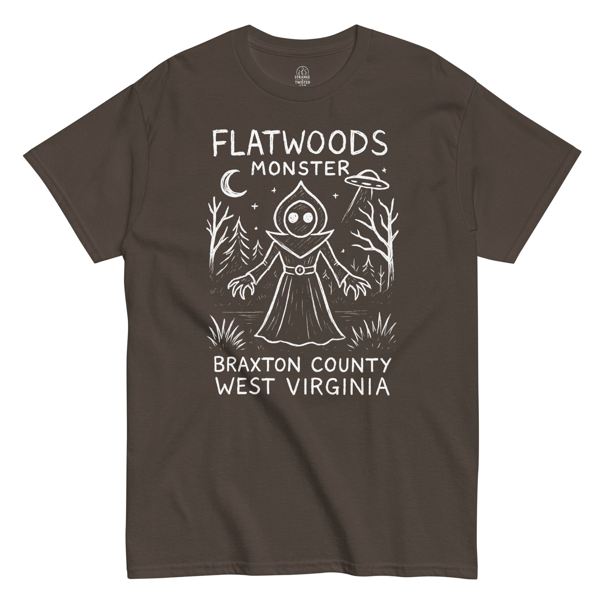 Flatwoods Monster cryptid T-shirt featuring eerie forest UFO scene on brown fabric.