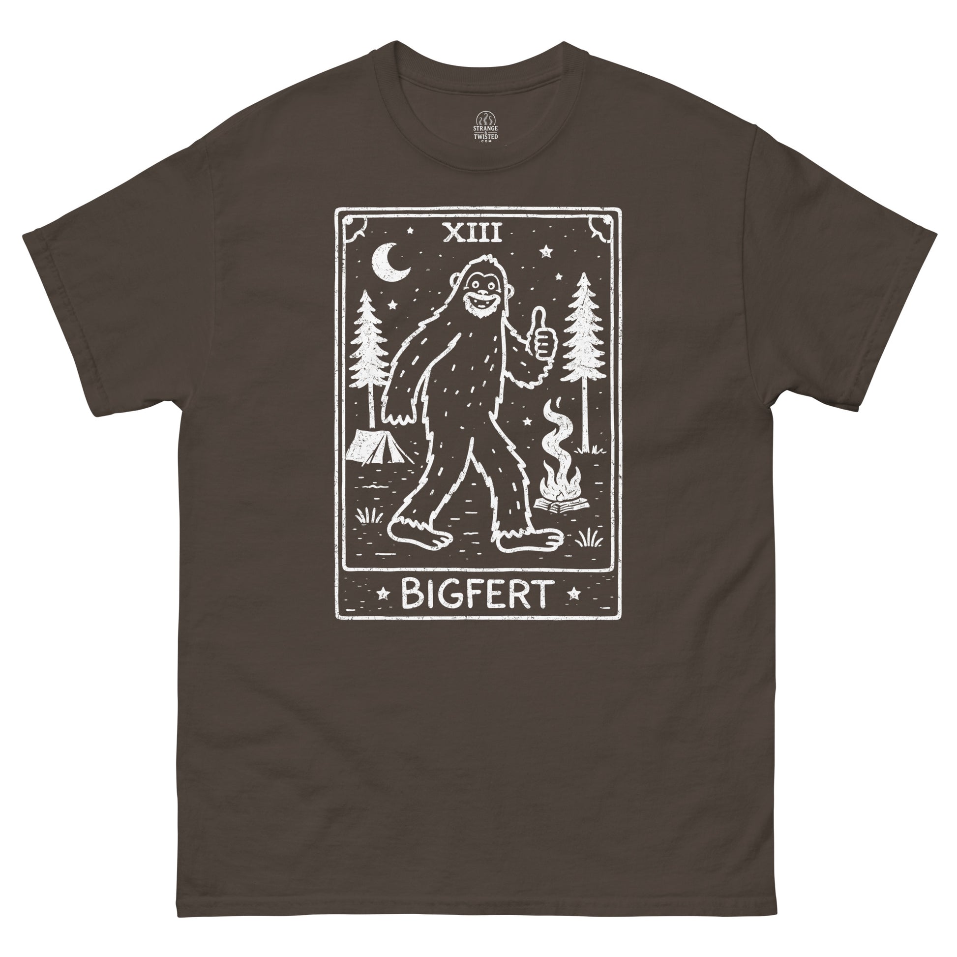Brown t-shirt with a graphic of a Bigfoot-like creature and 'BIGFERT' text on a white background