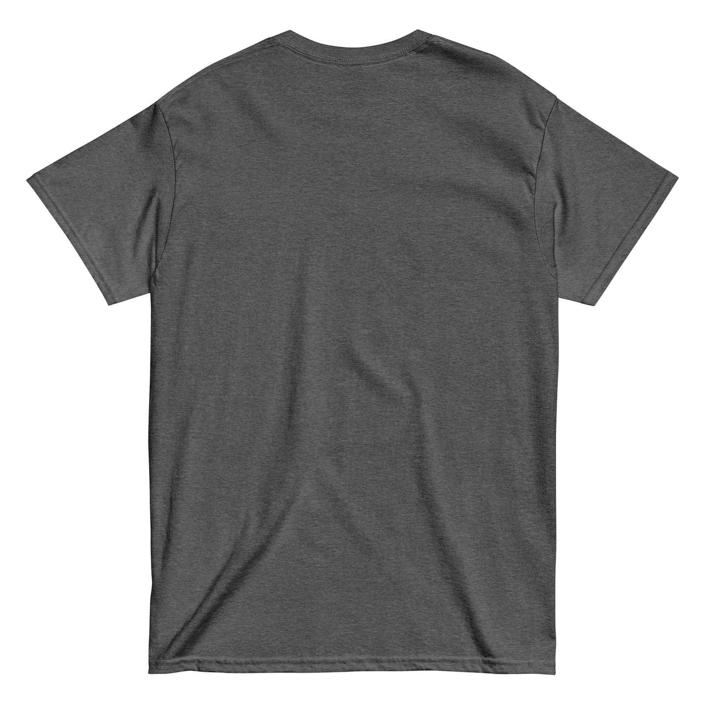 Back view of unisex CAWFEE First Or F-CAW-F funny coffee parody T-shirt in dark heather gray, Strange and Twisted Apparel