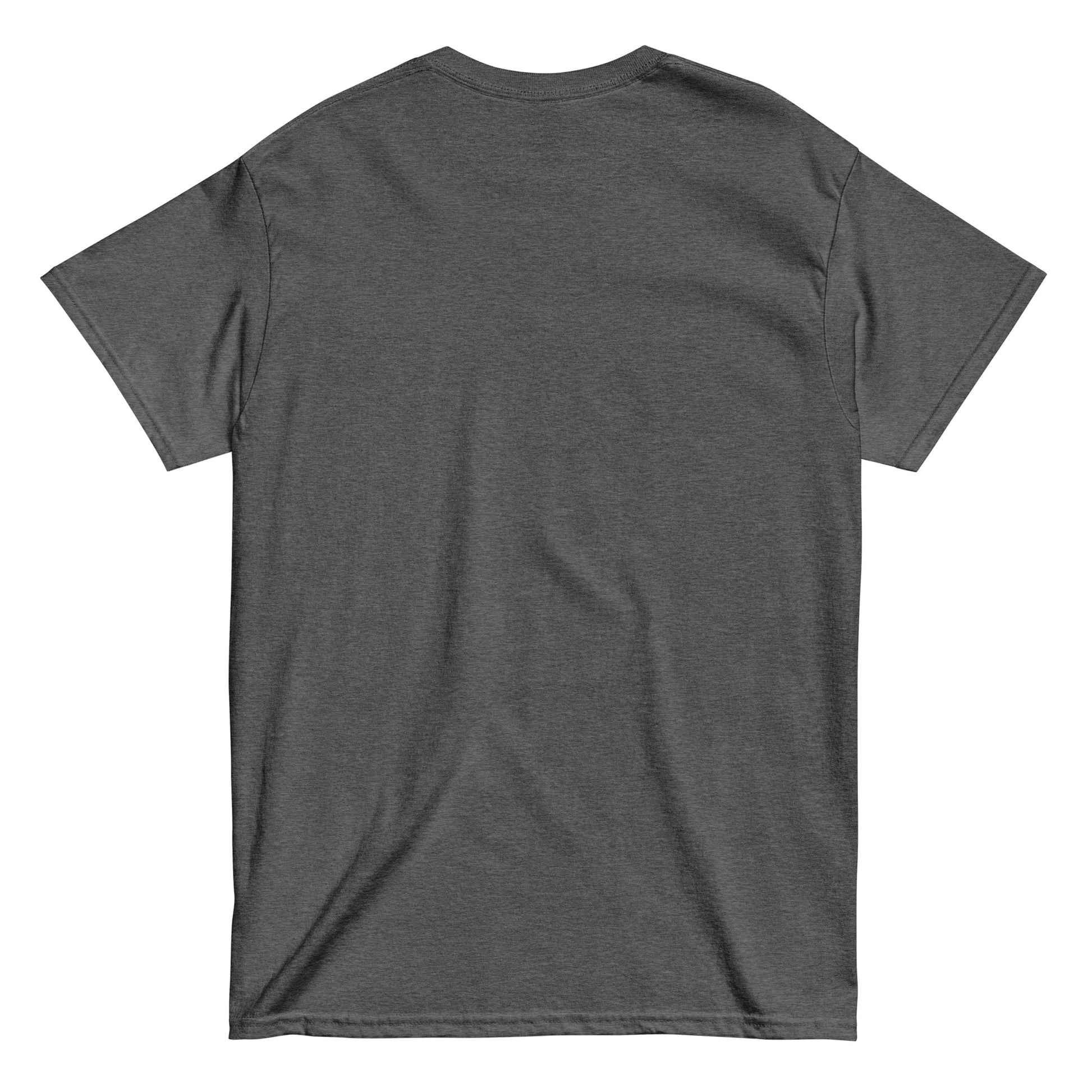Back view of unisex CAWFEE First Or F-CAW-F funny coffee parody T-shirt in dark heather gray, Strange and Twisted Apparel