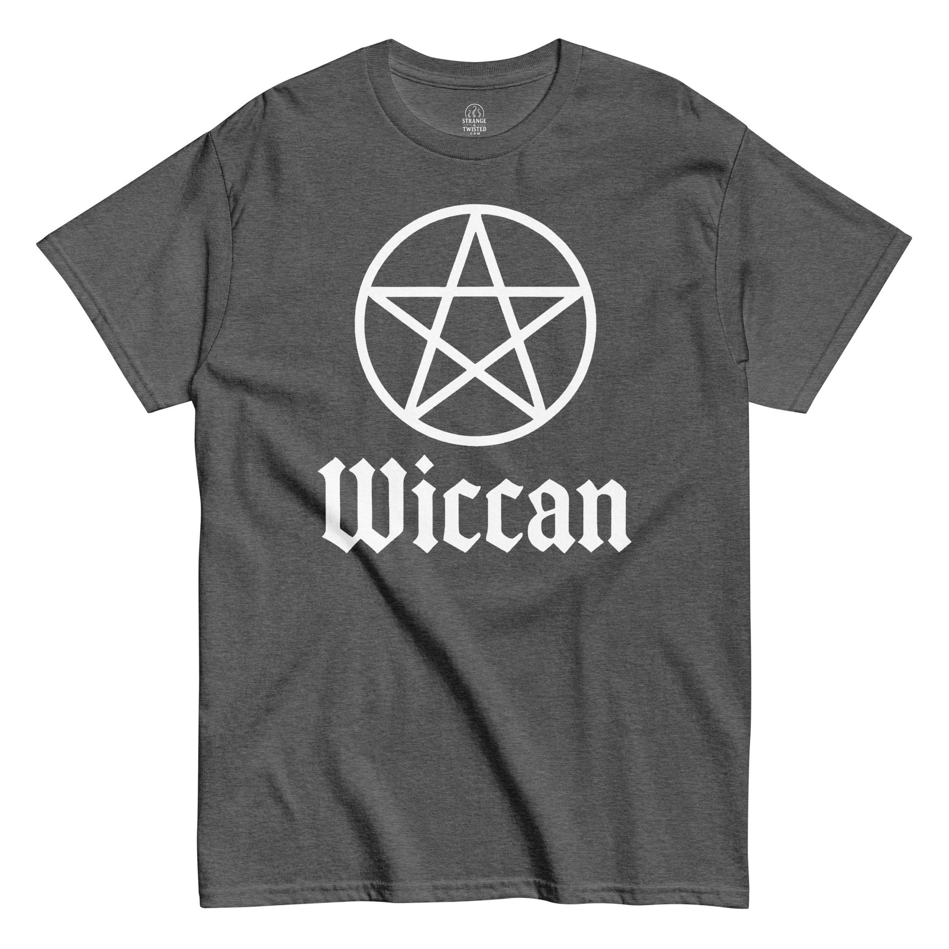 Modern witchcraft pentagram T-shirt in dark heather gray with bold occult star and Wiccan logo, Strange and Twisted Apparel