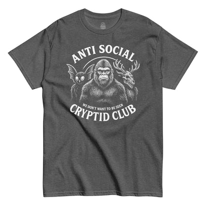 Funny cryptid T-shirt in dark heather with Anti Social Cryptid Club slogan and Bigfoot illustration, By StrangeAndTwisted.Com