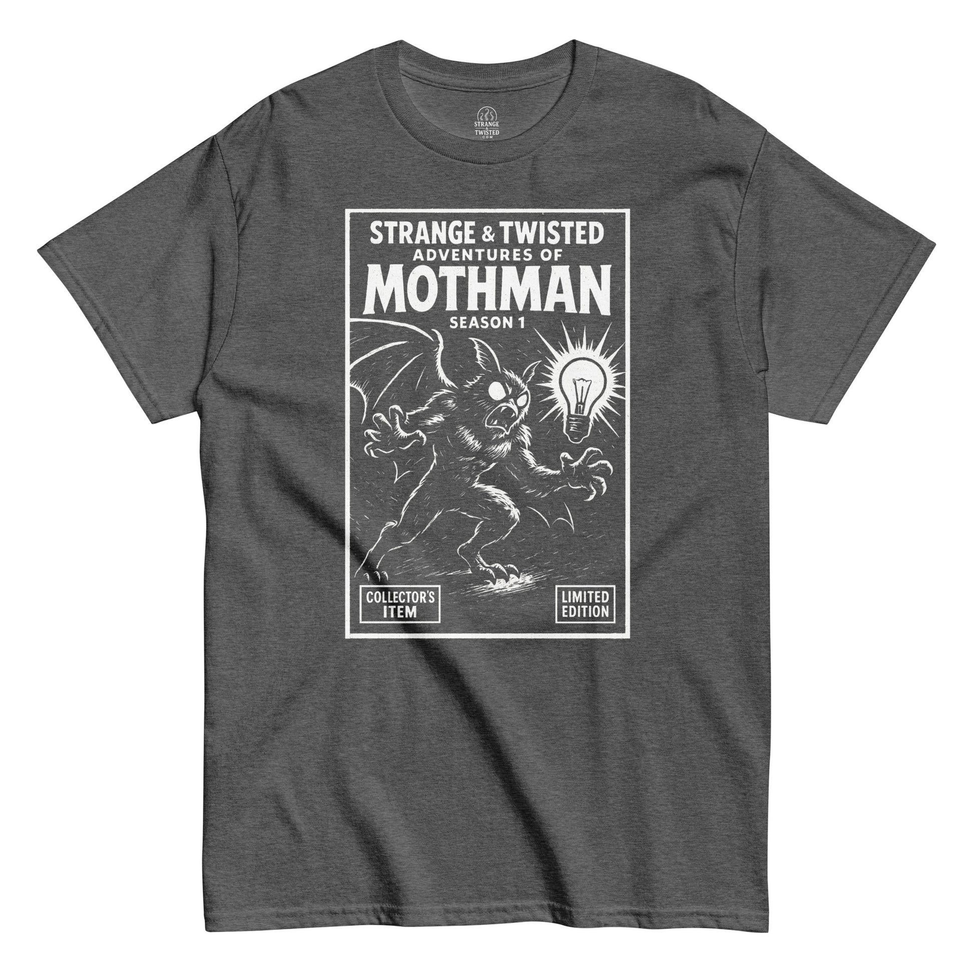 Vintage cryptid parody T-shirt in dark heather gray with comic book style Mothman Adventures artwork, Strange and Twisted Apparel